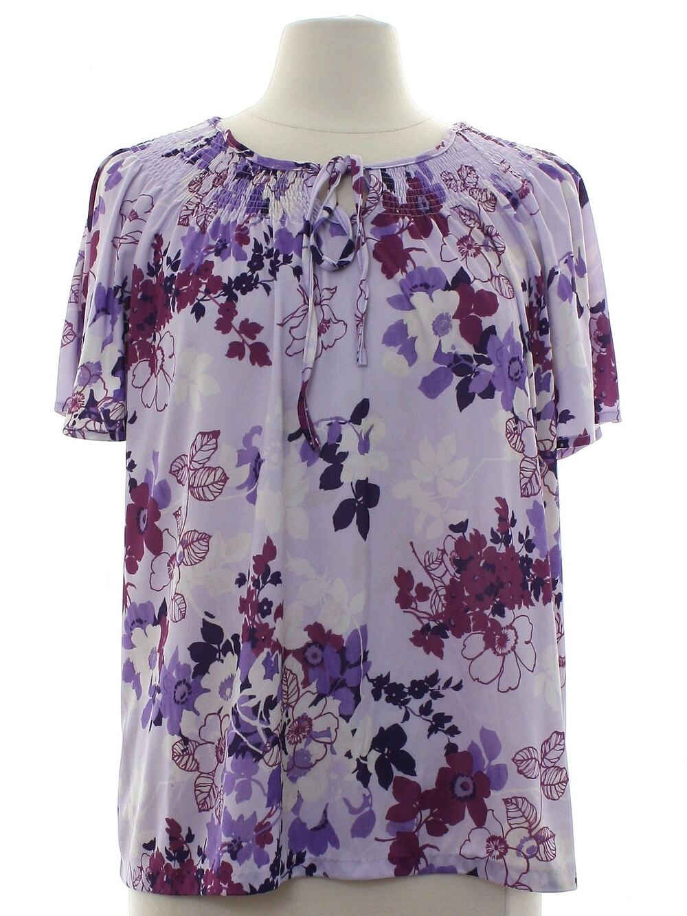 Vintage 70s Lavender Floral Polyester Peasant Blouse Tie Neck Top Women's Medium